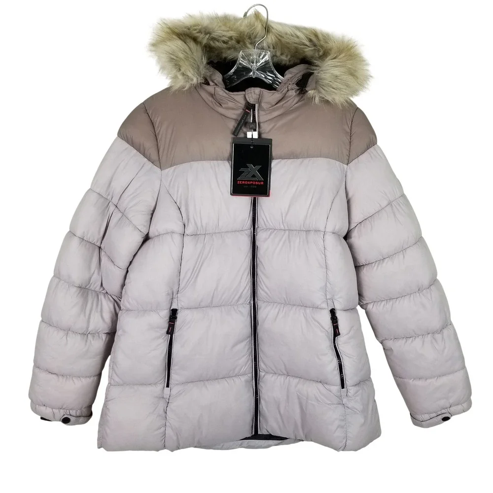 ZeroXposur Puffer Jacket Women Large Soft Taupe Faux Fur Hood Z93500 NEW